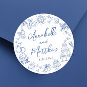 Eigenzinnige Hand Getrokken Blauw Whimsical Weddin Ronde Sticker