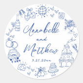 Eigenzinnige Hand Getrokken Blauw Whimsical Weddin Ronde Sticker (Voorkant)
