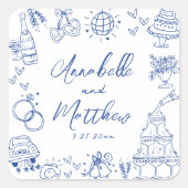 Eigenzinnige Hand Getrokken Blauw Whimsical Weddin Vierkante Sticker (Voorkant)