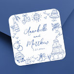 Eigenzinnige Hand Getrokken Blauw Whimsical Weddin Vierkante Sticker<br><div class="desc">Gepersonaliseerde handgetekende eigenzinnige blauwe trouwstickers. Deze leuke en speelse vierkante trouwstickers zijn voorzien van eigenzinnige doodle-illustraties rondom het ontwerp, allemaal in een levendig blauw thema. Elementen zoals een champagnetoren, bruidstaart, discobal, harten, trouwbellen, ringen, camera's en meer creëer hebben een grillige en feestelijke sfeer. De namen en trouwdatum van de bruid...</div>