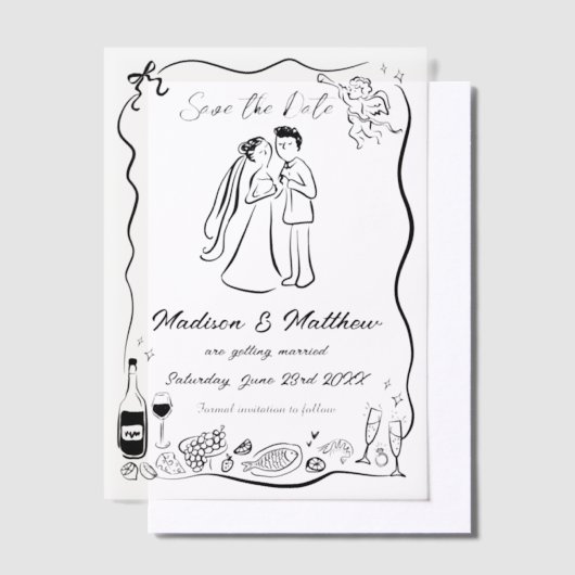 Eigenzinnige Hand Getrokken Doodles Wedding Save t Vellum Uitnodigingen (Offset)