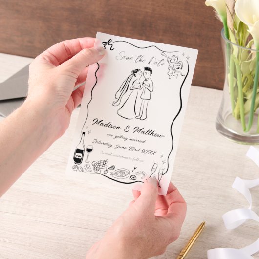 Eigenzinnige Hand Getrokken Doodles Wedding Save t Vellum Uitnodigingen (Draagbaar)