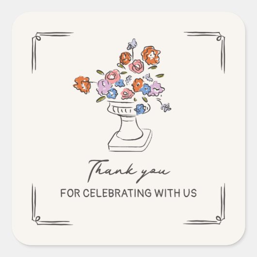 Eigenzinnige Hand getrokken Floral Urn Vrijgezelle Vierkante Sticker (Voorkant)
