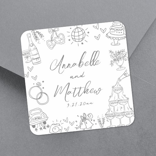 Eigenzinnige Hand Getrokken Grijs Whimsical Weddin Vierkante Sticker