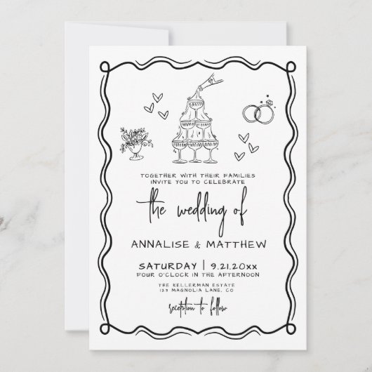 Eigenzinnige hand getrokken grillige bruiloft kaart (Voorkant)