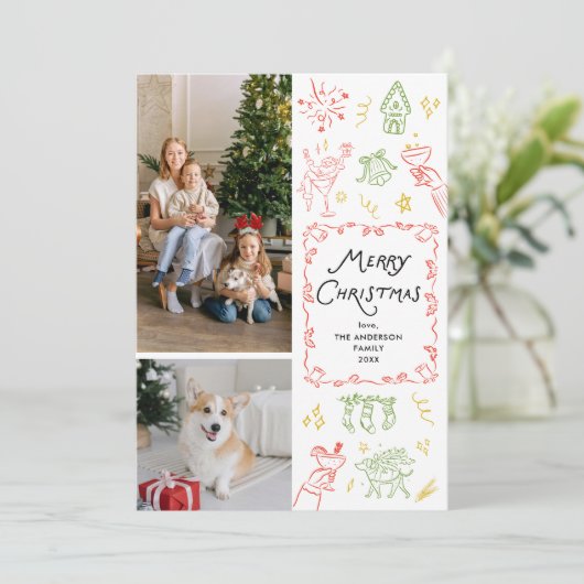 Eigenzinnige Hand Getrokken Iconen Vrolijk Kerstmi Feestdagenkaart (Staand voorkant)