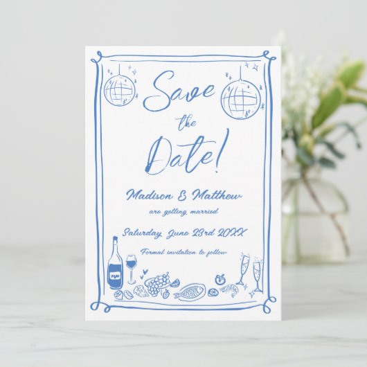 Eigenzinnige Hand Getrokken Krabbel Doodles Weddin Save The Date (Staand voorkant)