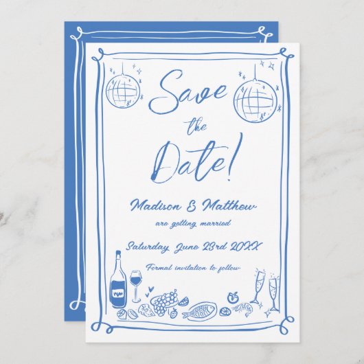 Eigenzinnige Hand Getrokken Krabbel Doodles Weddin Save The Date (Voorkant / Achterkant)