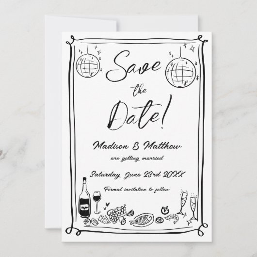 Eigenzinnige Hand Getrokken Krabbel Doodles Weddin Save The Date (Voorkant)