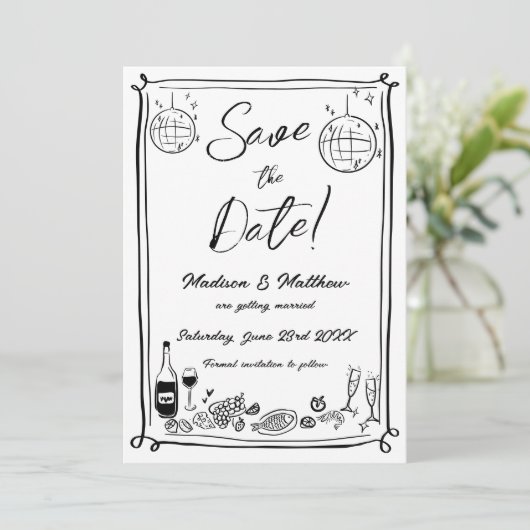 Eigenzinnige Hand Getrokken Krabbel Doodles Weddin Save The Date (Staand voorkant)
