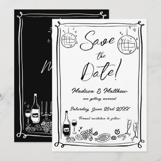 Eigenzinnige Hand Getrokken Krabbel Doodles Weddin Save The Date (Voorkant / Achterkant)
