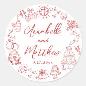 Eigenzinnige Hand Getrokken Rode Whimsical Wedding Ronde Sticker (Voorkant)