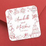 Eigenzinnige Hand Getrokken Rode Whimsical Wedding Vierkante Sticker<br><div class="desc">Gepersonaliseerde handgetekende eigenzinnige rode trouwstickers. Deze leuke en speelse vierkante trouwstickers zijn voorzien van eigenzinnige doodle-illustraties rondom het ontwerp, allemaal in een levendig rood thema. Elementen zoals een champagnetoren, bruidstaart, discobal, harten, trouwbellen, ringen, camera's en meer creëer hebben een grillige en feestelijke sfeer. De namen en trouwdatum van de bruid...</div>