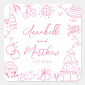 Eigenzinnige Hand Getrokken Roze Whimsical Wedding Vierkante Sticker (Voorkant)