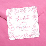 Eigenzinnige Hand Getrokken Roze Whimsical Wedding Vierkante Sticker<br><div class="desc">Gepersonaliseerde hand-getrokken eigenzinnige bruiloft stickers. Deze leuke en speelse vierkante trouwstickers zijn voorzien van eigenzinnige doodle-illustraties rondom het ontwerp, allemaal in een zacht roze thema. Elementen zoals een champagnetoren, bruidstaart, discobal, harten, trouwbellen, ringen, camera's en meer creëer hebben een grillige en feestelijke sfeer. De namen en trouwdatum van de bruid...</div>