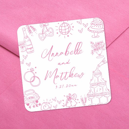 Eigenzinnige Hand Getrokken Roze Whimsical Wedding Vierkante Sticker
