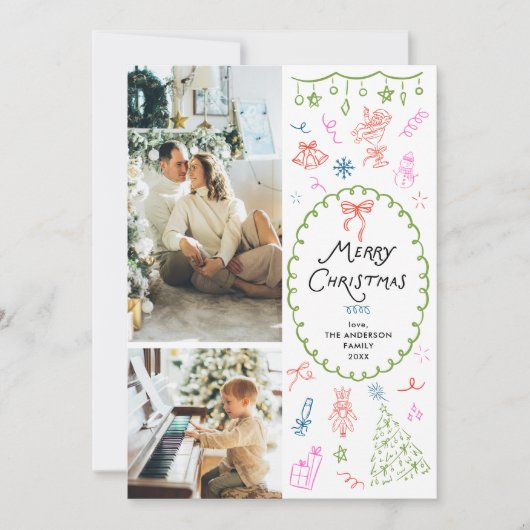 Eigenzinnige Hand Getrokken Vrolijke Kerstmis 2 Fo Feestdagenkaart (Voorkant)