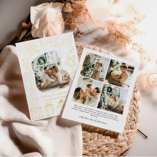 Eigenzinnige Kerstmis 5 Foto Hand getrokken Doodle Folie Feestdagenkaart