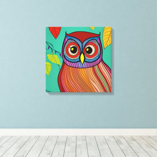 Eigenzinnige Kleurrijke Folk Art Abstracte Uil Canvas Afdruk (Insitu (Houten vloer))