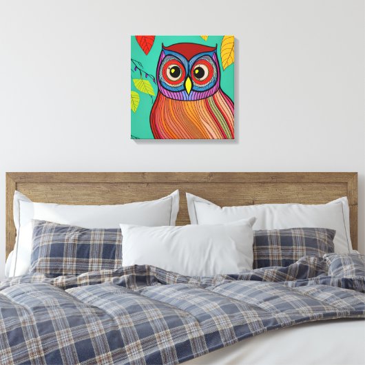 Eigenzinnige Kleurrijke Folk Art Abstracte Uil Canvas Afdruk (Insitu (Slaapkamer))