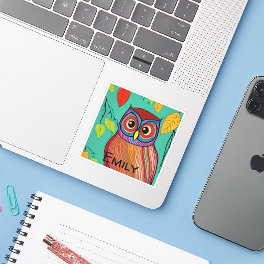 Eigenzinnige Kleurrijke Folk Art Abstracte Uil Sticker (Laptop met iPhone)