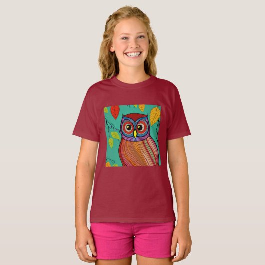 Eigenzinnige Kleurrijke Folk Art Abstracte Uil T-shirt (Voorkant volledig)
