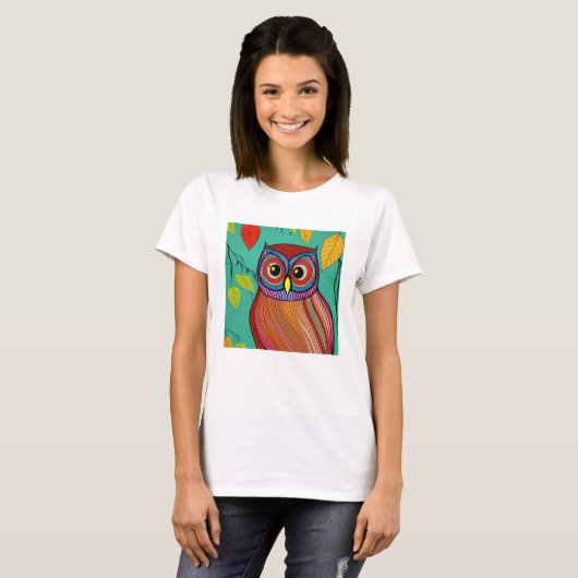 Eigenzinnige Kleurrijke Folk Art Abstracte Uil T-shirt (Voorkant volledig)