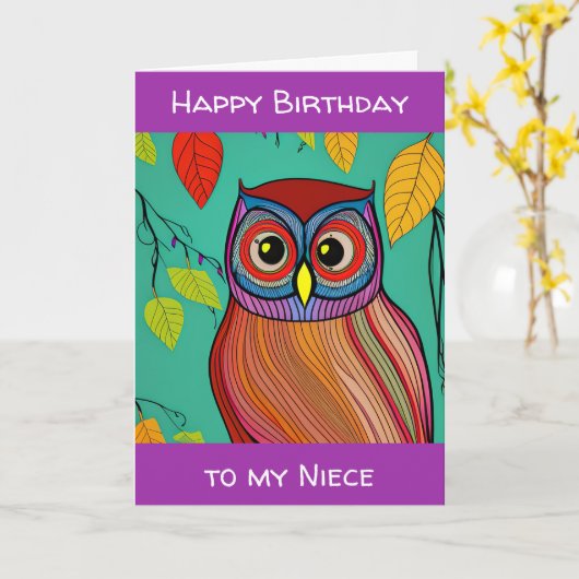 Eigenzinnige Kleurrijke Folk Art Abstracte Uil Ver Kaart (Gele Bloem)