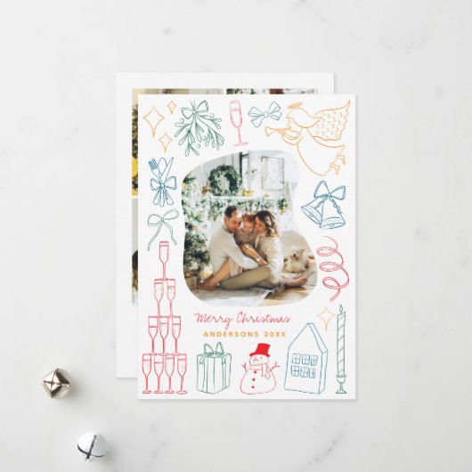 Eigenzinnige Kleurrijke Kerstfoto Hand getrokken D Feestdagenkaart (Voorkant / Achterkant in situ)