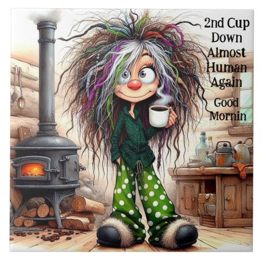 Eigenzinnige koffiedame bijna menselijke keramisch tegeltje (Voorkant)
