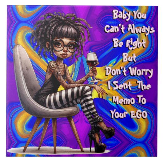 Eigenzinnige Lady Tattoo & Wijn EGO Memo Keramisch Tegeltje (Voorkant)