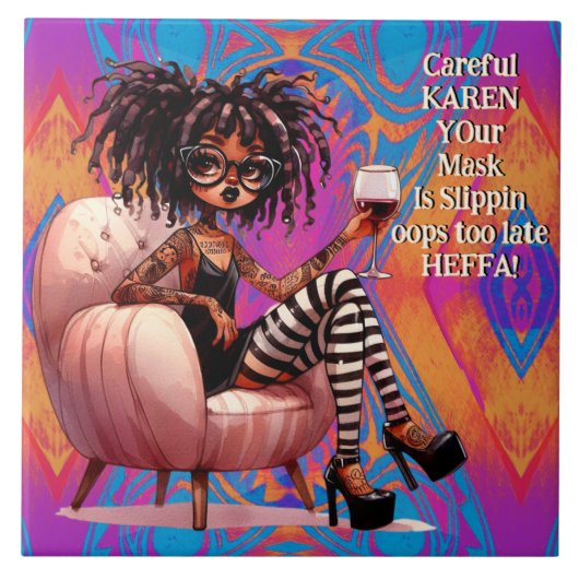 Eigenzinnige Lady Tattoo & Wijn Karen Keramische T Tegeltje (Voorkant)