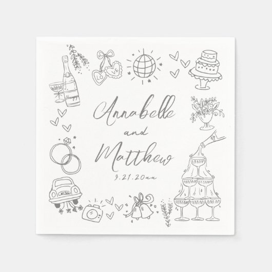 Eigenzinnige leuke hand getrokken grillige bruilof servet (Voorkant)