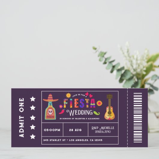 Eigenzinnige Mexicaanse Fiesta Ticket-stijl bruilo Kaart (Staand voorkant)