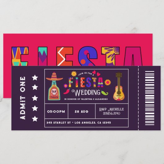 Eigenzinnige Mexicaanse Fiesta Ticket-stijl bruilo Kaart (Voorkant / Achterkant)