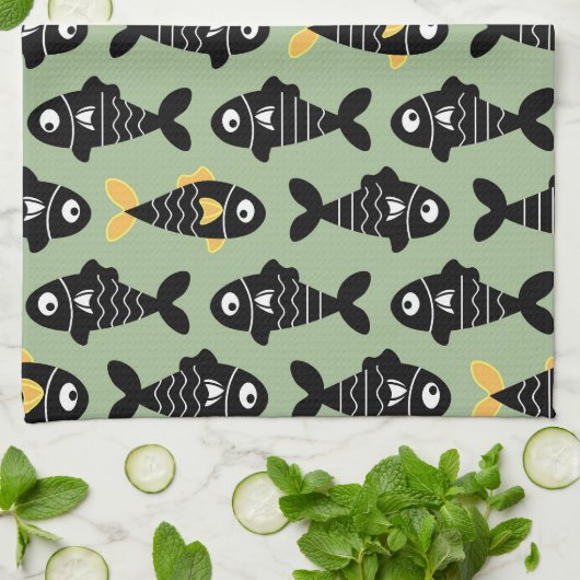 Eigenzinnige Naadloze Zwarte Vis Patroon Keuken Ha Theedoek (Gevouwen)