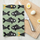 Eigenzinnige Naadloze Zwarte Vis Patroon Keuken Ha Theedoek (Quarter Fold)