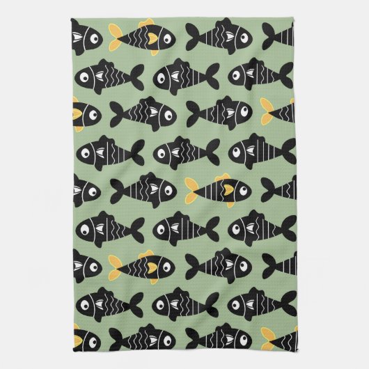 Eigenzinnige Naadloze Zwarte Vis Patroon Keuken Ha Theedoek (Verticaal)