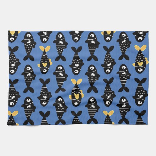 Eigenzinnige Naadloze Zwarte Vis Patroon Keuken Ha Theedoek (Horizontaal)