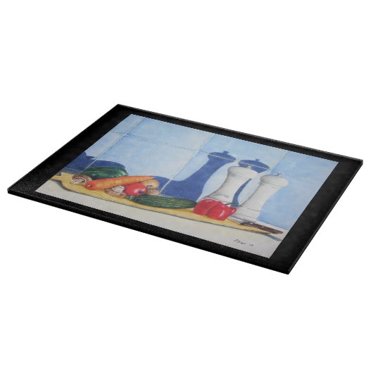 Eigenzinnige stilleven schilderij van groenten snijplank (Hoek)