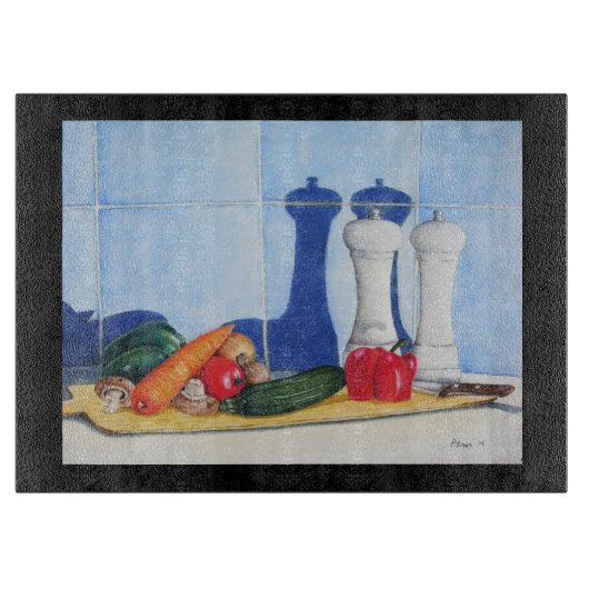 Eigenzinnige stilleven schilderij van groenten snijplank (Voorkant)