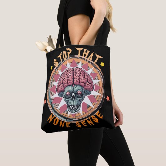 Eigenzinnige "Stop That None Sense" Skull Brain Tote Bag (Dichtbij)