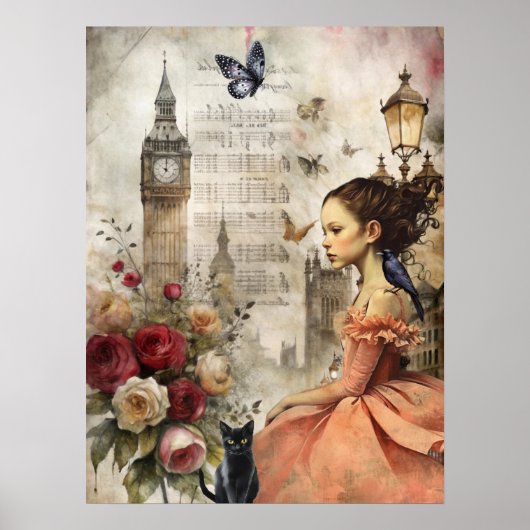 Eigenzinnige Victoriaans Gothic Girl & Florals Lon Poster (Voorkant)