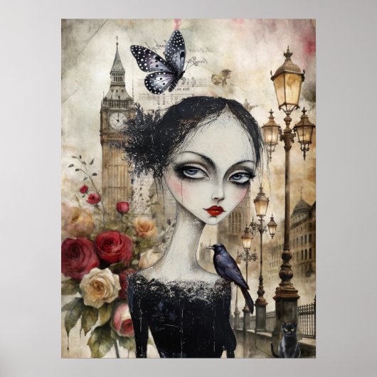 Eigenzinnige Victoriaans Gothic Girl & Florals Lon Poster (Voorkant)