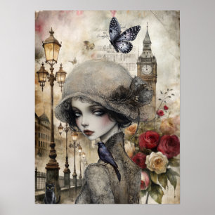 Eigenzinnige Victoriaans Gothic Girl & Florals Lon Poster