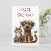 Eigenzinnige vriendschap tussen hond en kat feestdagenkaart (Staand voorkant)