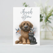 Eigenzinnige vriendschap tussen hond, kat en vogel bedankkaart (Staand voorkant)