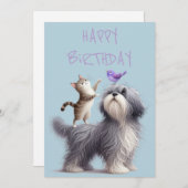 Eigenzinnige vriendschap tussen hond, kat en vogel feestdagenkaart (Voorkant / Achterkant)