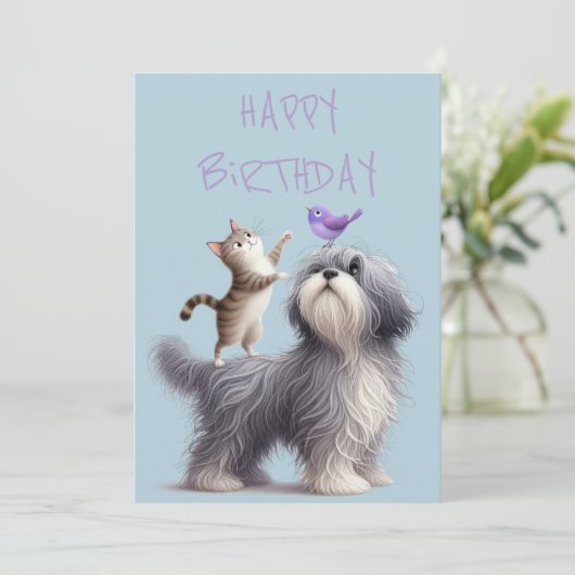 Eigenzinnige vriendschap tussen hond, kat en vogel feestdagenkaart (Staand voorkant)