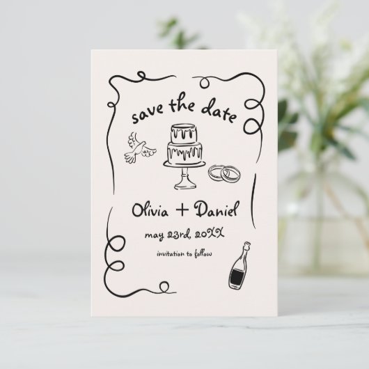 Eigenzinnige Whimsical Hand getrokken bruiloft Fra Save The Date (Staand voorkant)